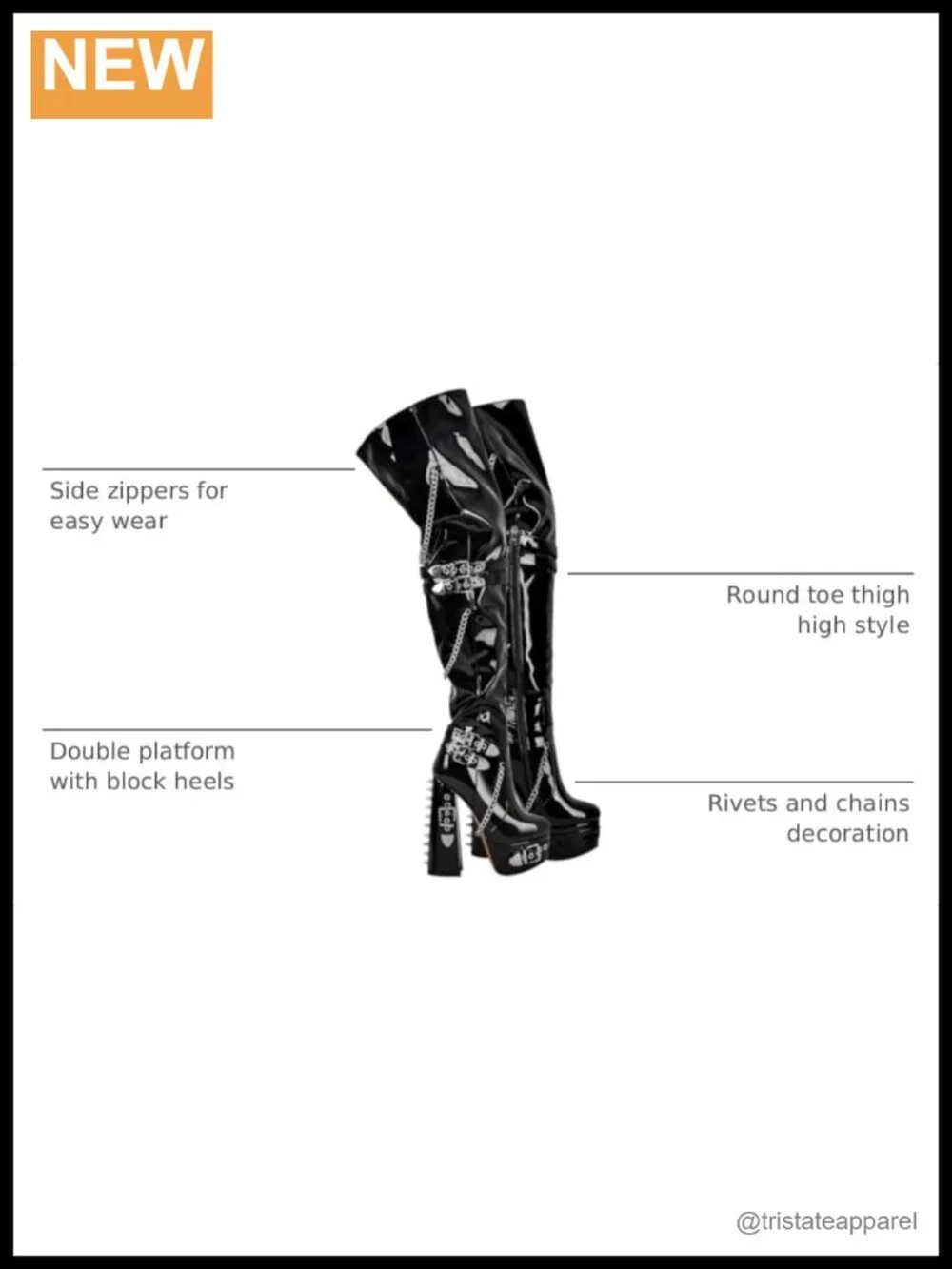 Over Knee Block Heel Boots Wide Calf Side Zip Rivet Chain Motorcycle
